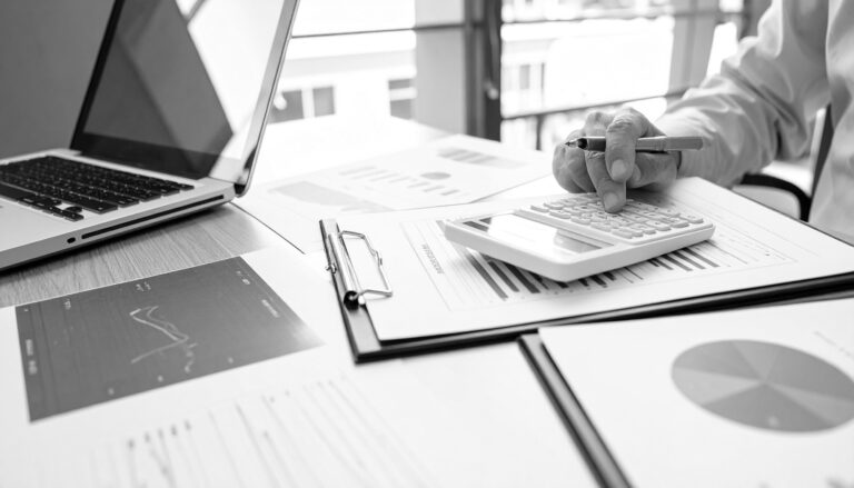 Diagramme, Taschenrechner, Laptop, konzentriertes Arbeiten